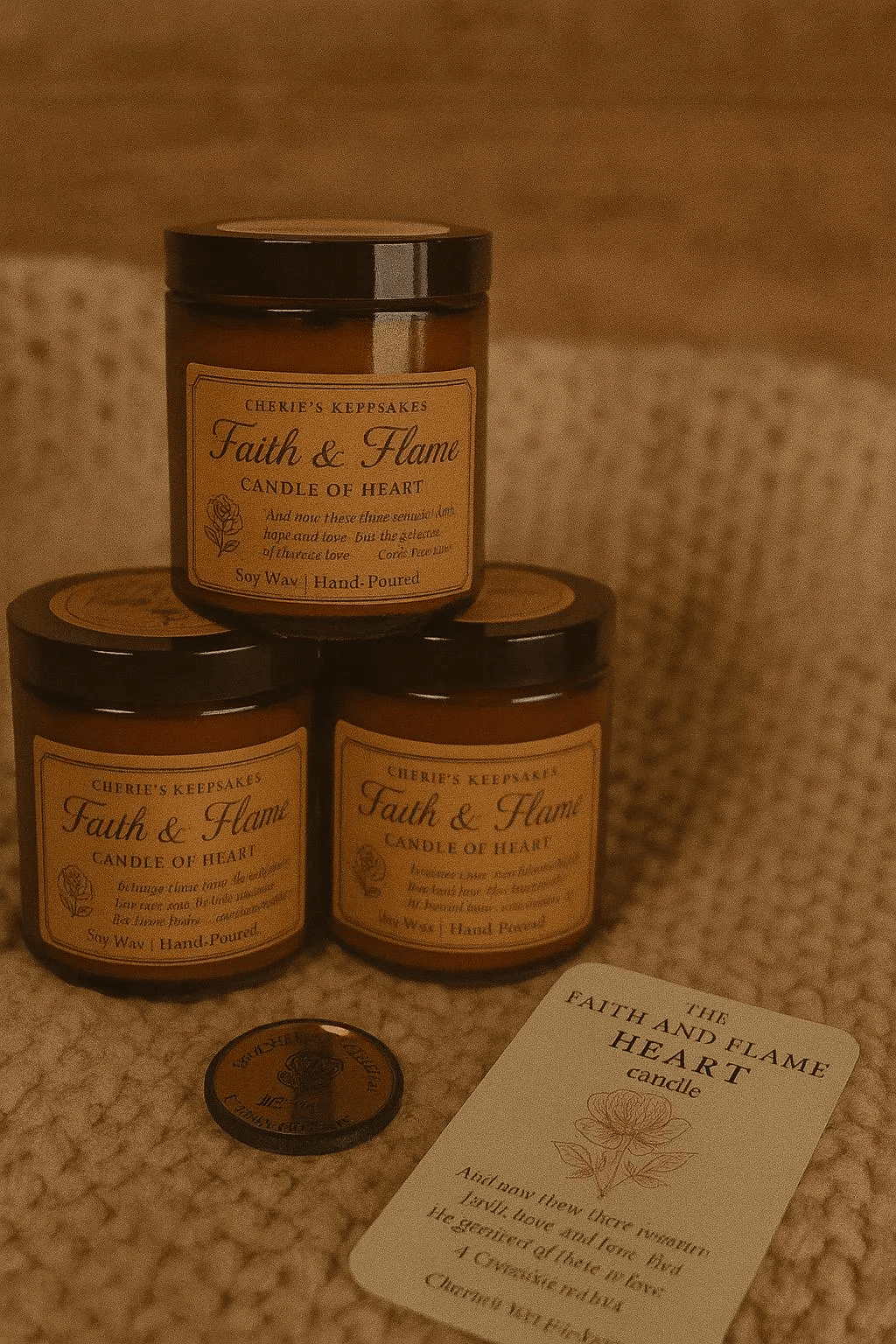 Faith and Flame “Heart” Candle – 8oz Soy Candle with Rose & Sandalwood Scent and Keepsake Token