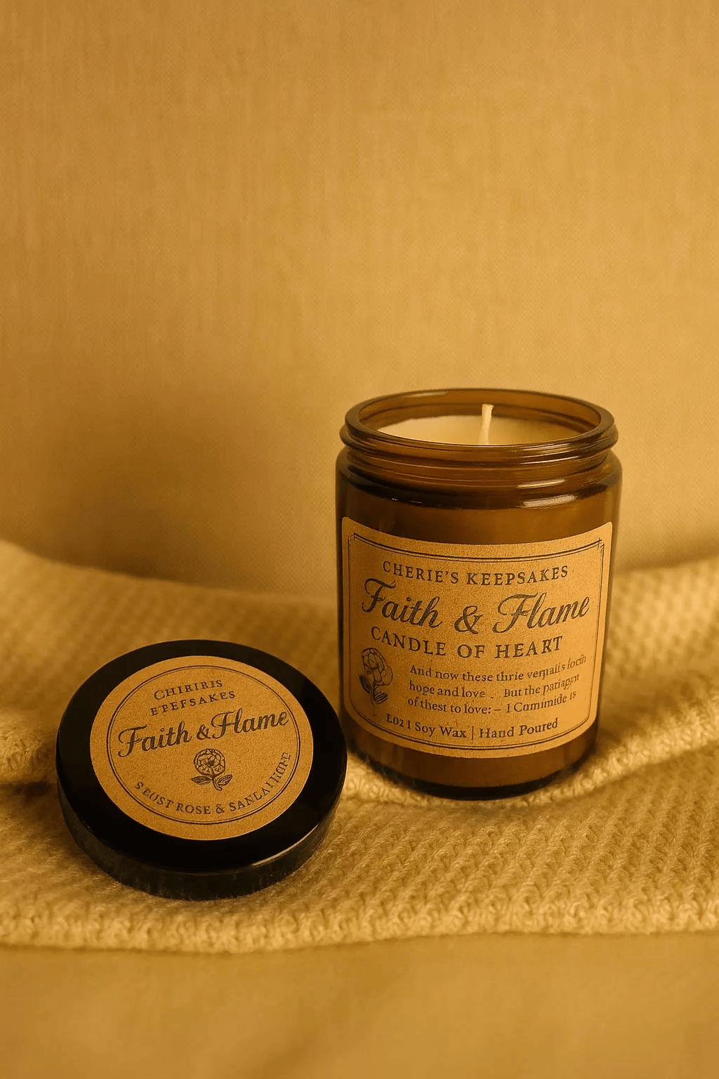 Faith and Flame “Heart” Candle – 8oz Soy Candle with Rose & Sandalwood Scent and Keepsake Token