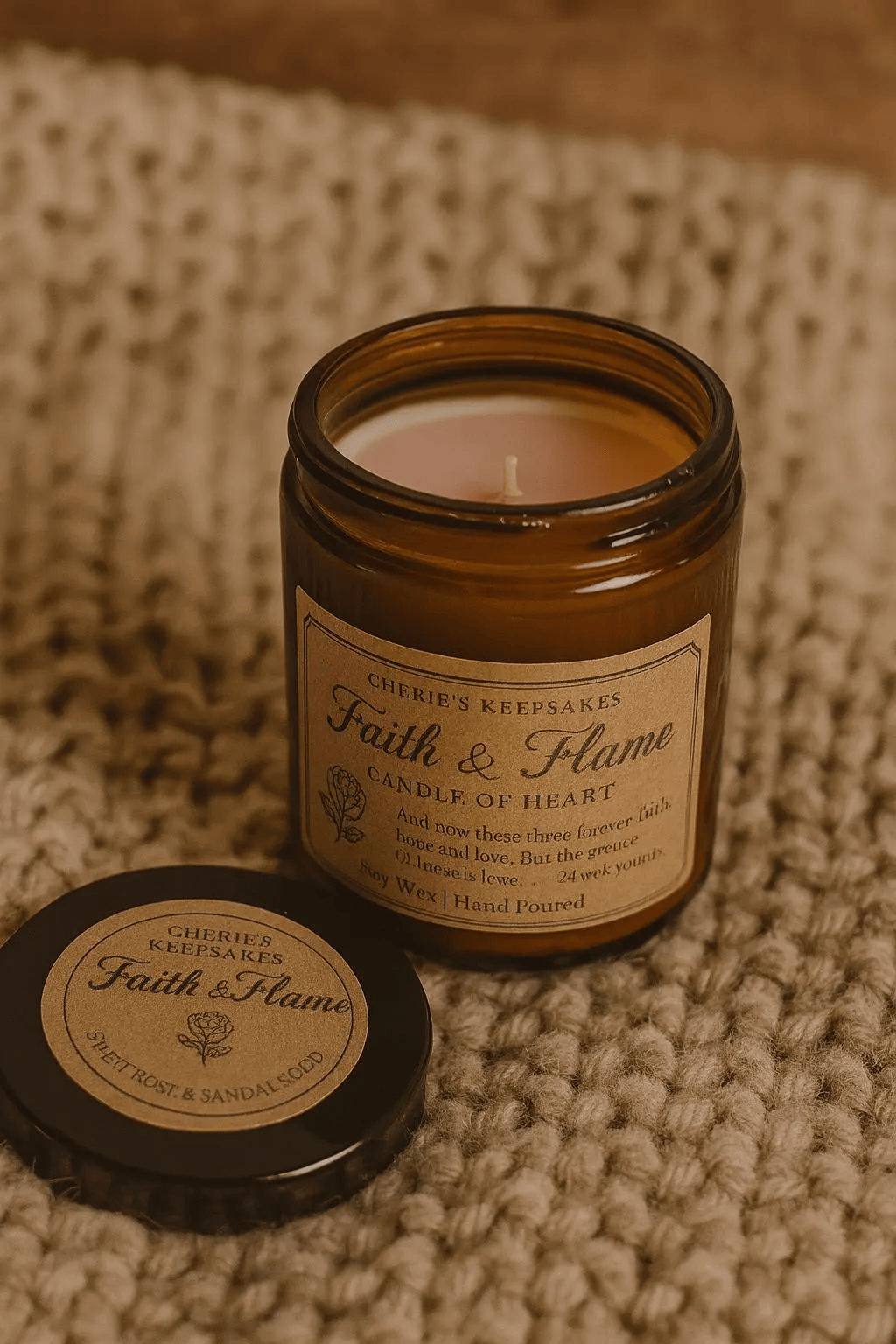 Faith and Flame “Heart” Candle – 8oz Soy Candle with Rose & Sandalwood Scent and Keepsake Token