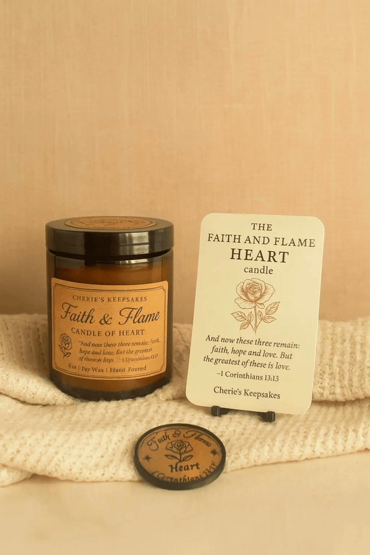 Faith and Flame “Heart” Candle – 8oz Soy Candle with Rose & Sandalwood Scent and Keepsake Token